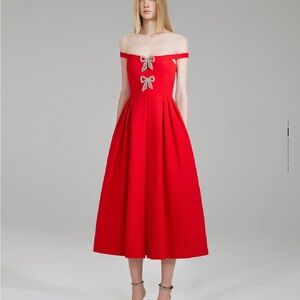 Red crepe bow midi dress